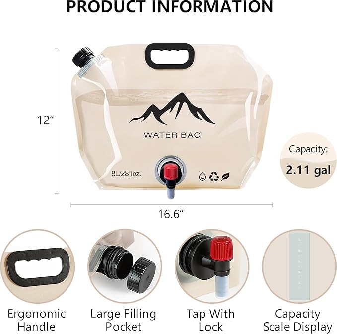 Collapsible Water Container with Spigot, 2.1 Gallon (8L) BPA-Free Portable Water Bladder – Leakproof Foldable Jug for Camping, Emergency Storage, Hiking & Outdoor Travel