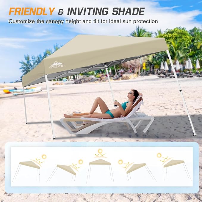 EAGLE PEAK 10x10 Slant Leg Pop-up Canopy Tent Easy One Person Setup Instant Outdoor Beach Canopy Folding Portable Sports Shelter 10x10 Base 8x8 Top (Light Beige)