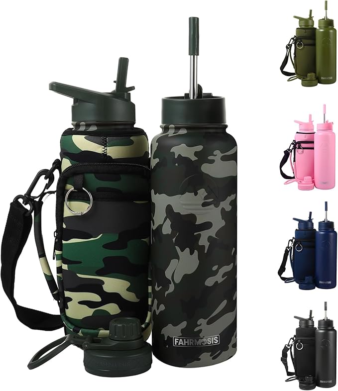 40 Oz Water Bottle with Strap Stainless Steel Sports Water Bottle with 3 Lids (Straw, Chug and Flip Lid) Insulated Leak Proof Metal Jug for Men & Women - Camo