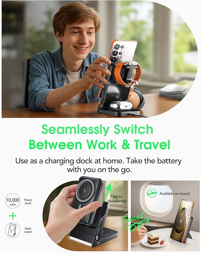 Foldable Charging Station for Samsung,5 in 1 Magnetic Wireless Charger 10000mAh Detachable Portable Power Bank Nightstand Compatible for Galaxy S25 Edge/Z Fold/Flip 7/S25/S24/S23,Galaxy Watch8,Bud
