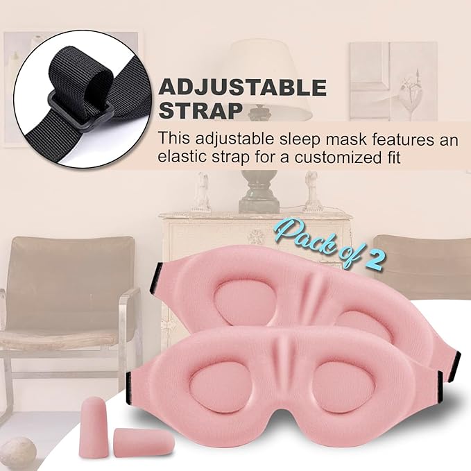 Luxury Sleep Mask – Pack of 2 Ultra-Soft Silk Eye Covers with Adjustable Strap & Soft Ear Loops, 3D Contoured Light Blocking Sleeping Mask for Travel, Naps & Relaxation(Black & Pink)