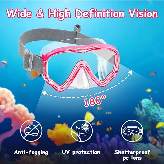 Vvinca Snorkeling Gear for Kids Dry Top Kids Snorkel Set for Boys Girls Junior Youth Children Age 4-14 Swim Goggles with Nose Cover Anti-Fog Panoramic View Adjustable Elastic Diving Mask and Snorkel