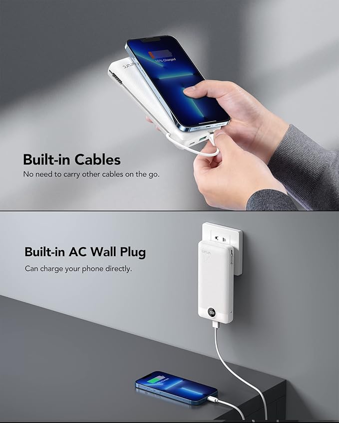VRURC Power Bank 20000mAh, Fast Charging Portable Charger USB C,4 Output 2 Input Travel Essentials Charging Bank Equipped with LED Display,Built-in Wall Plug and Cables,Phone Charger Battery,White