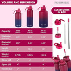 64 Oz Insulated Water Bottle with Strap Stainless Steel Sports Water Bottle with 3 Lids (Straw, Chug and Flip Lid) Leak Proof Metal Half Gallon Jug for Men & Women - Red Fusion