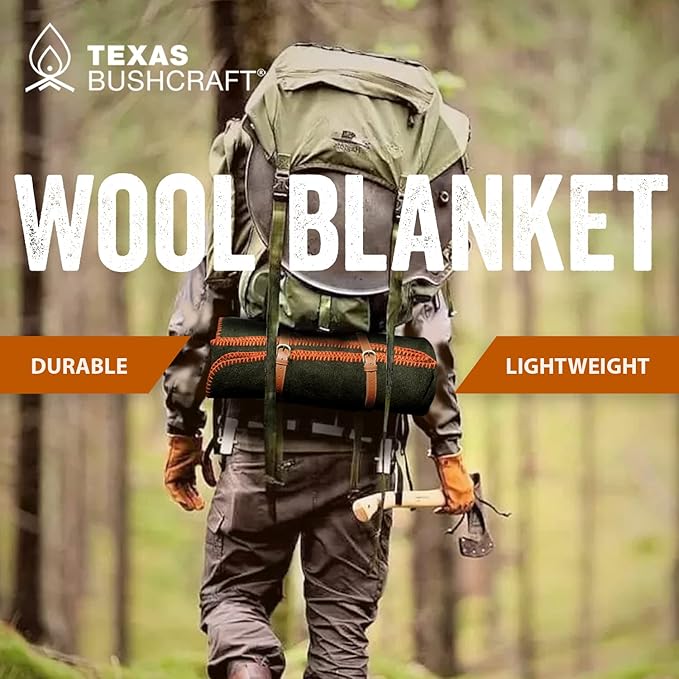 Texas Bushcraft Merino Wool Blanket for Camping Hiking and Backpacking – Water Fire Resistant Camp Car is Fast-Warming Durable with Double-Stitched Edging (66” x 90”) Burnt Orange