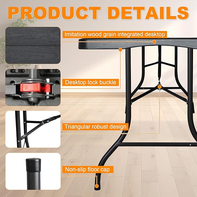 6ft Folding Table, Portable Heavy Duty Plastic Fold-in-Half Utility Table for Indoor/Outdoor Use, Dining, Camping, Picnic, Party, Black Woodgrain