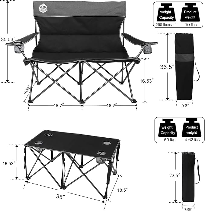 Northroad Folding Camping Chair Set of 4, Portable Collapsible Conversation Set w/1 Sofa, 2 Single Chairs, 1 Table for Family Patio, Outdoor Travel,Beach(Black)