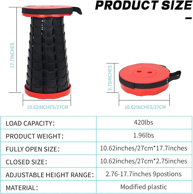 Upgraded Camping Folding Stool with Carrying Straps Lightweight Yet More Sturdy with Load Capacity 450lbs Portable Collapsible Retractable for Camping Fishing Hiking BBQ（Red-Black）