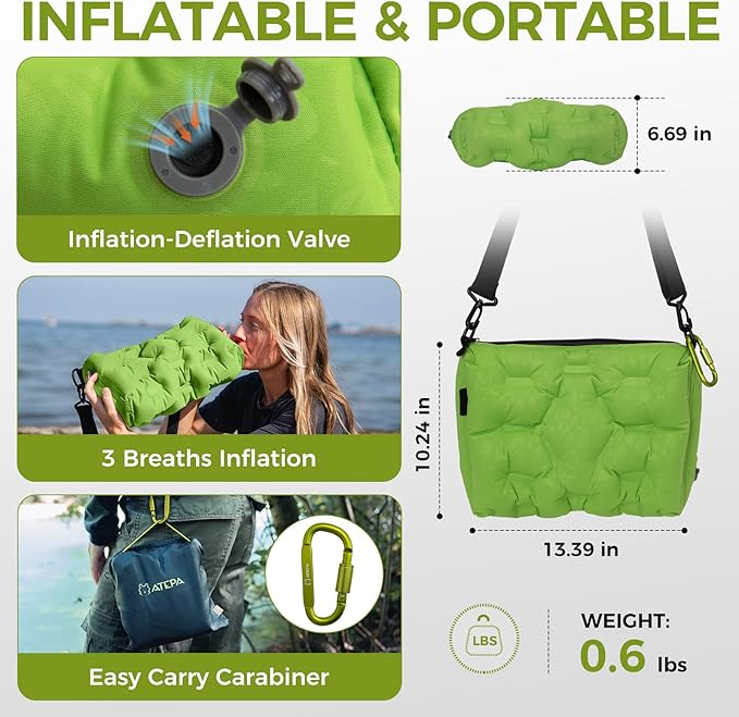ATEPA 4-in-1 Travel Cushion, Ultralight Portable Inflatable Pillow Seat Cushion Neck & Back Support Travel Bag with Zippered Protection & Convertible Strap for Airplane Camping Backpacking