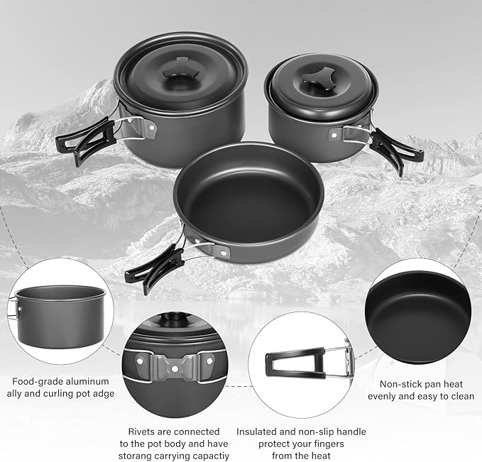 Lixada 10pcs Camping Cookware Mess Kit, Non-Stick Lightweight Stackable Pot Pan Bowls Camping Cooking Set with Storage Bag, Portable Outdoor Cookware Accessories for Backpacking Hiking Picnic