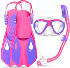 Snorkeling Gear for Kids Ages 5-15, 4 in 1 Mask Fins Snorkel Set with HD Tempered Glass Panoramic View Anti-Fog Mask, Dry Top Snorkel, Adjustable Trek Fins, and Mesh Bag, Kids Snorkel Set for Youth
