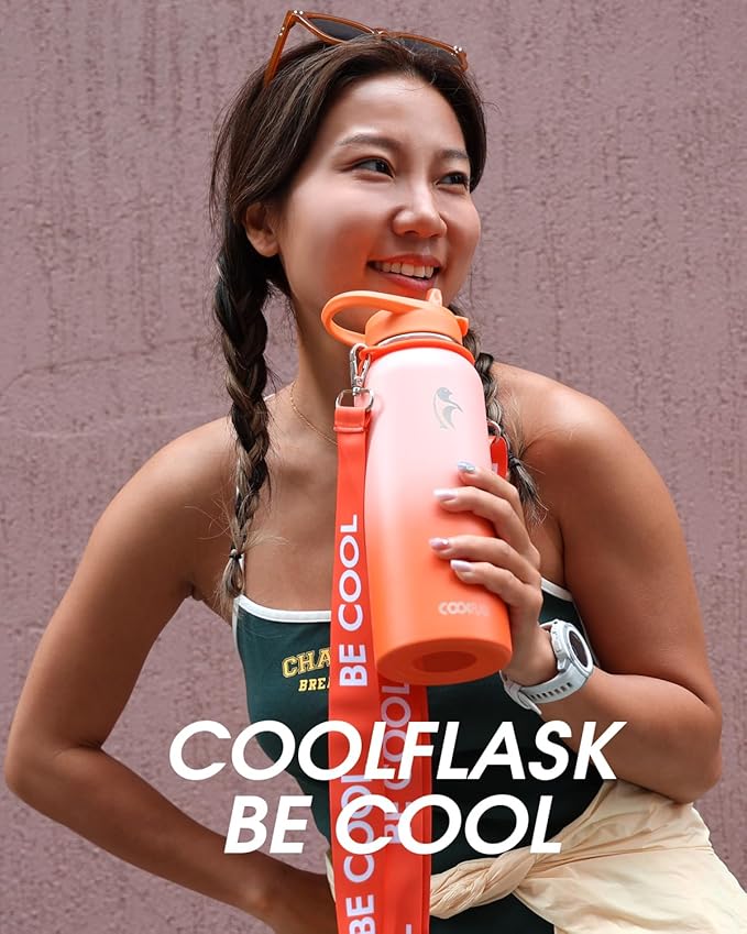 Coolflask Insulated Water Bottle with Straw, 40 oz Metal Water Flask with Straw & Spout Lids, Stainless Steel Double Wall Vacuum, Keep Cold 48h Hot 24h, Leak Proof & Non-BPA, Sunny Orange
