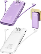 2-Pack 10000mAh Phone Portable Charger Power Bank, Built in Cable and AC Wall Plug, Fast Slim USB C Charging Battery Pack Travel Essentials Compatible with iPhone, Android, White & Purple