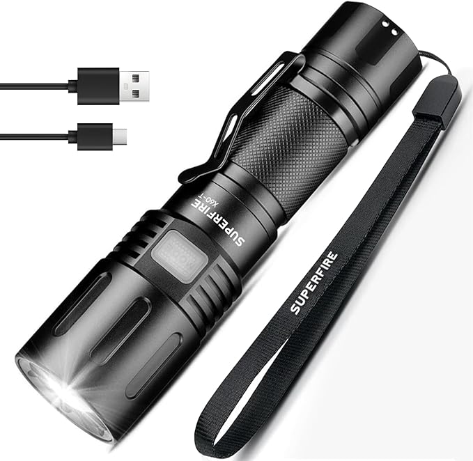 SuperFire Flashlights High Lumens Rechargeable, Powerful LED Pocket Flashlight with Clip, 2100 Lumens Waterproof Tactical Flash Light with Zoomable Focus, 5 Lighting Modes for Camping, Hiking, Working