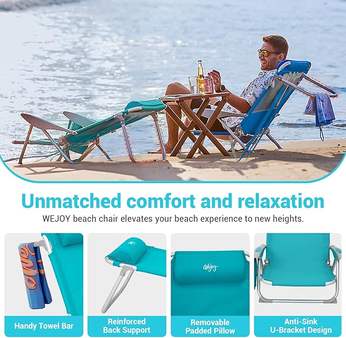 #WEJOY Folding Beach Chair for Adults, 4-Position Aluminum Lightweight Beach Chair, Low Sands Chairs with Shoulder Strap, Cup Holder and Padded Headrest, Supports 265lbs for Lawn