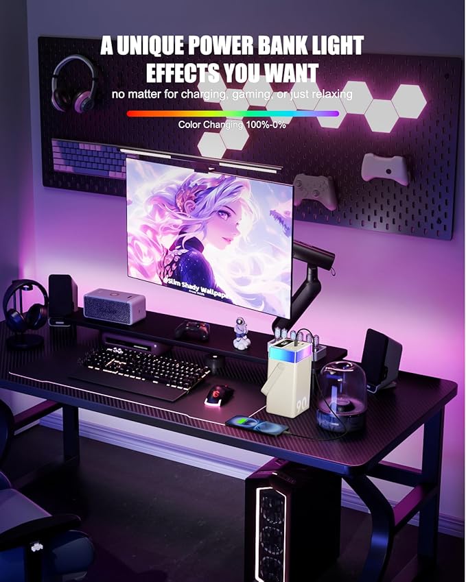 Power Bank 90000mAh Battery Pack High Capacity 35W PD Fast Charging, 6 Ports & Built-in Cables, RGB Mood Light(12 Modes) &LED Camping Flashlight for Indoor/Outdoor Camping Home Travel Emergency-white