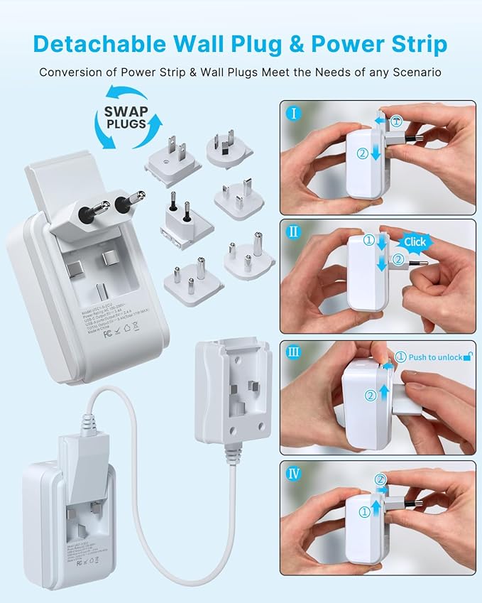VINTAR Universal Travel Adapter Kit, 0.5ft Detachable Extension Cord with 2 AC Outlets & 3 USB(2 USB C), Type A/C/G/D/I/M International Power Adaptor for US to Europe UK India South Africa Japan