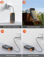 Solar Charger Power Bank, PD 20W Fast Charging External Batter, 40000mAh Portable Phone Charger Built in 4 Cables with Dual Bright Flashlights for Camping, Hiking, and Outdoor Use