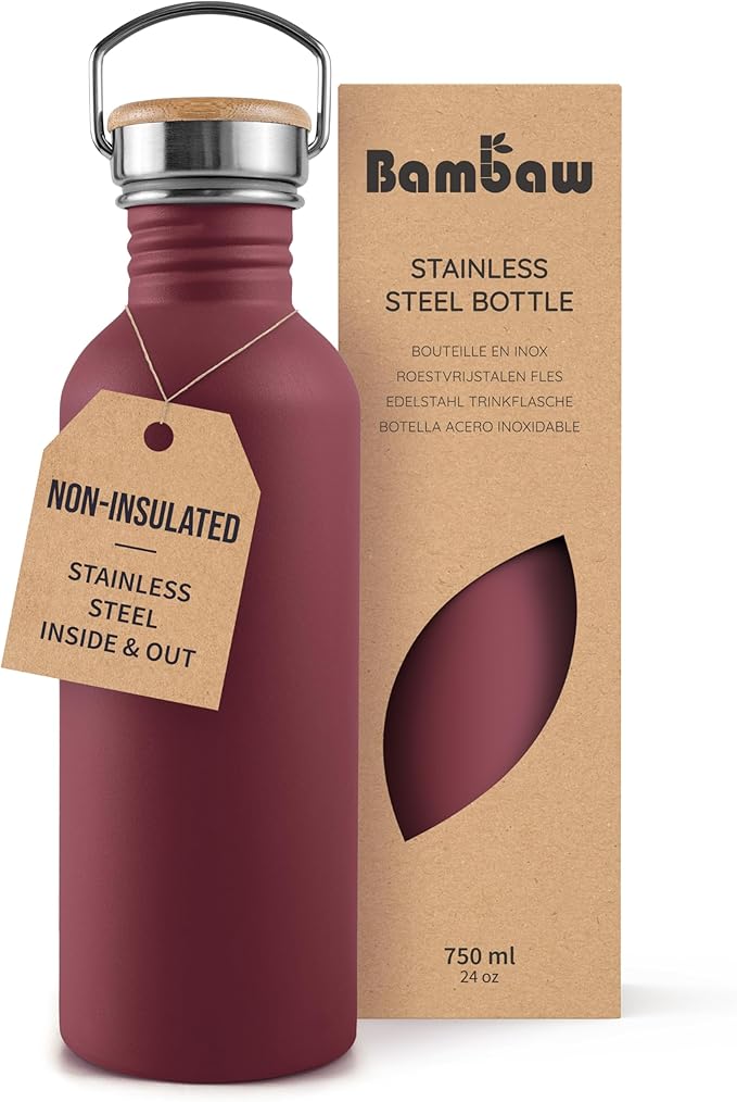 Bambaw 750 ml Metal Water Bottle, Red Sports Bottle, Non-Insulated Water Bottle, Stainless Steel Bottle 750 ml, BPA-Free Bottle, Reusable Bottle – Cherry Red