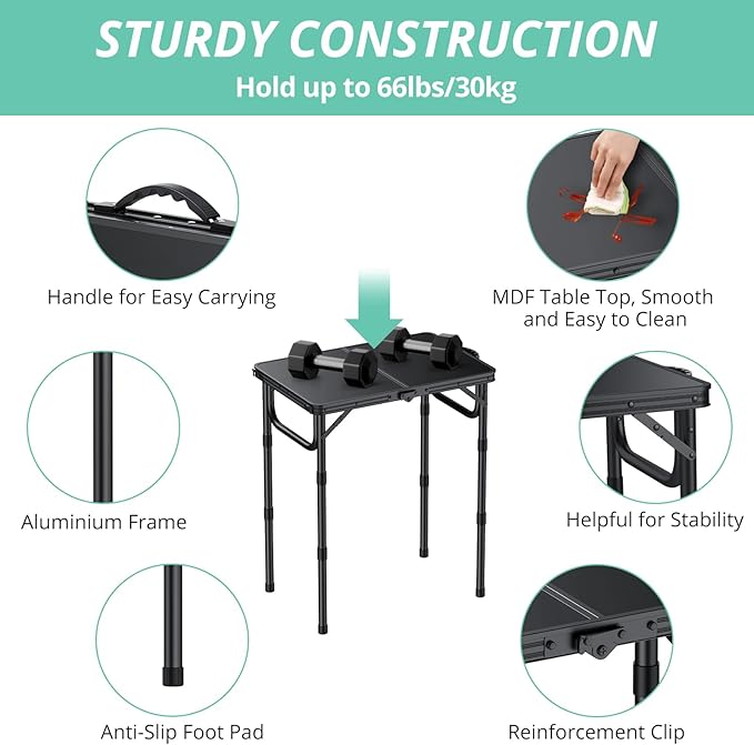 VINTEAM Camping Folding Table with Adjustable Height, Lightweight Portable Outdoor Picnic Table, BBQ Grill Side Table, Durable Aluminum Frame, MDF Desktop for Camping, Fishing, RV, Beach (Black)