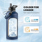 Insulated Water Bottle 87 oz, Triple Wall Vacuum Stainless Steel (Cold for 48 Hrs), Leak Proof & Non-BPA, Modern Water Flask Jug with Paracord Handle & Straw Spout Lids, Navy Blue