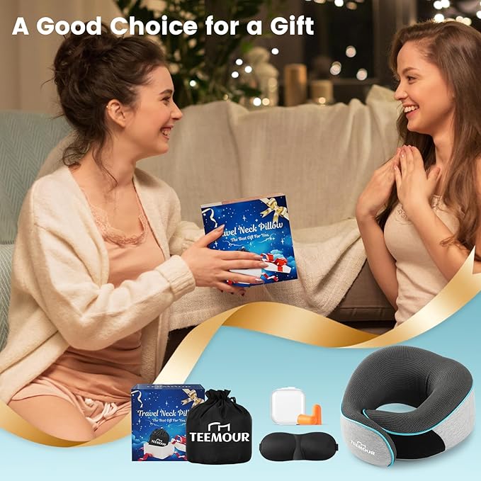 Upgraded Neck Pillow for Airplane Travel - 360° Support Gifts for Women/Men/Mom/Dad, Memory Foam Travel Pillow With Eye Mask & Earplugs, Portable Carry Bag for Long Flights| Best Airplane Accessories