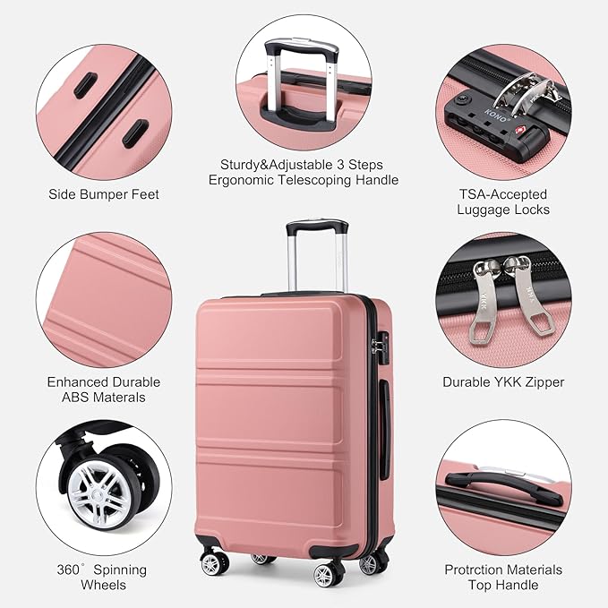 Kono Suitcase Luggage Set Expandable(only 28") Carry On Hardside Luggage with TSA Lock Spinner Wheels (Nude/Rose Pink, 6 piece set)
