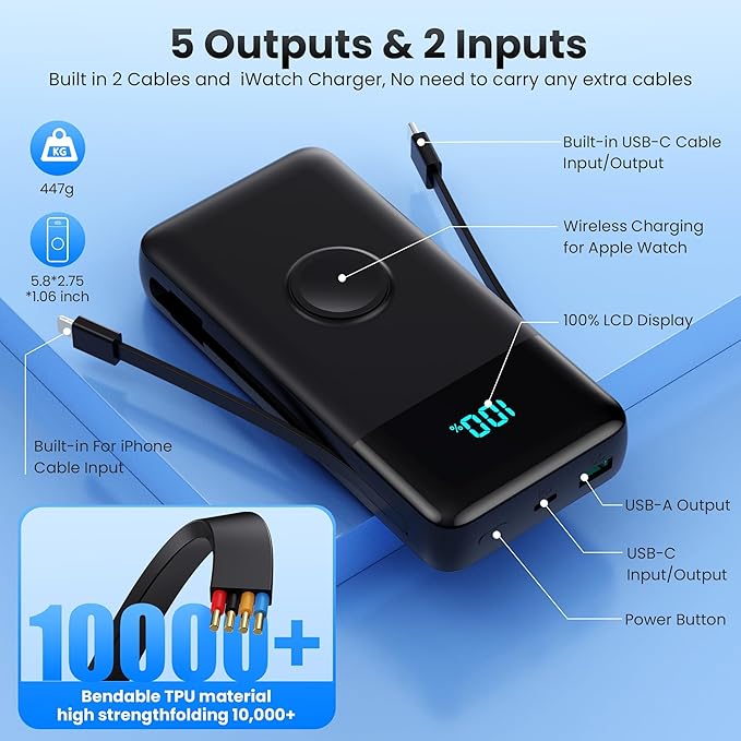 AONIMI Portable Charger 40800mAh Power Bank with 2 Built in Cables, 25W PD QC4.0 Fast Charging USB C Battery Pack, 5 Output 2 Input Phone Charger for iPhone 17/16/15,Android (Black)