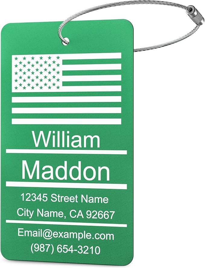 Luggage Tags for Suitcase - Green Personalized Engraved Metal Tag for Cruise Travel - Custom Name Tags Suitable for Bags and Backpacks