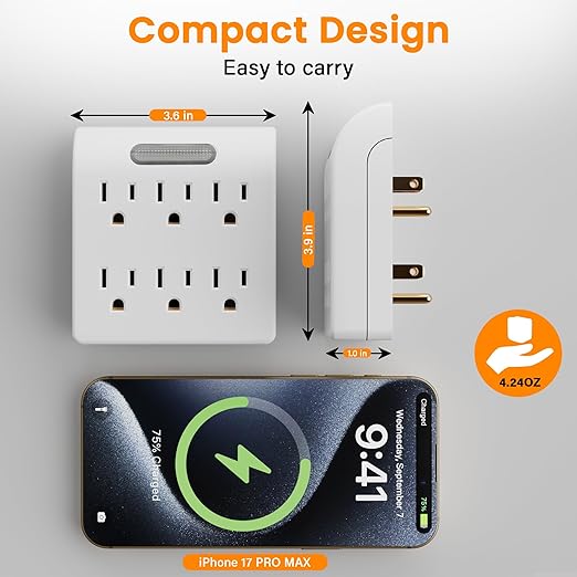 6-Outlet Extender 2 Pack, 3-Prong Grounded Wall Tap Adapter with LED Guide Light, 1875W Multiple Plug Electrical Outlets Splitter for Home, Office, Hotel, Travel, ETL Listed, Cruise Essentials, White