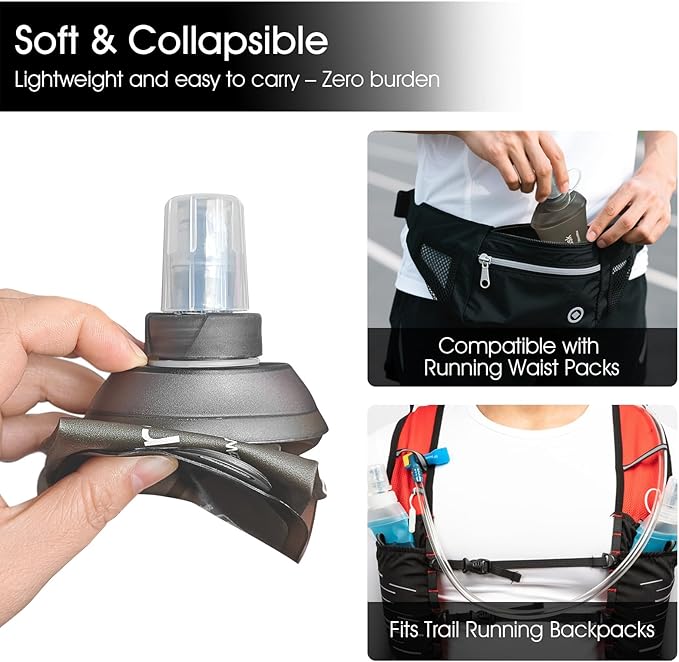 GYGYL Soft Flask, TPU Collapsible Soft Water Bottle for Hydration Pack, Running Vest, Leak-Proof Folding Water Bottle for Hiking Cycling Climbing Jogging-500ml Grey, 2pcs