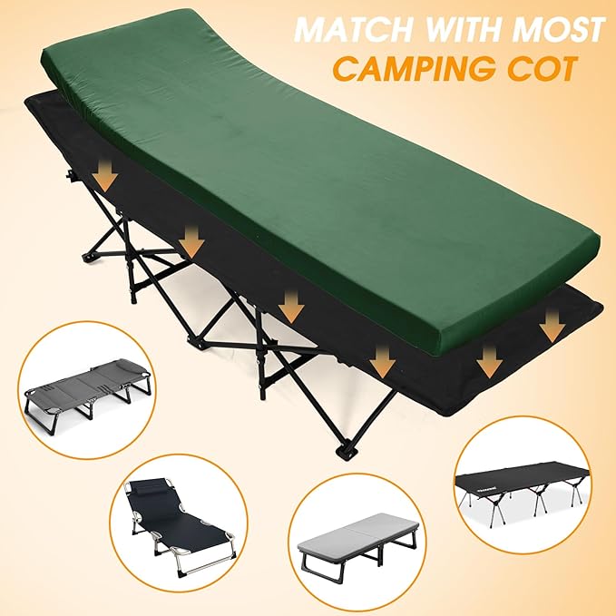 CYMULA Camping Cot Mattress 2in Memory Foam Sleeping Pad,Soft Warm Non-Slip Camping Mattress Topper with Retaining for Adults,Portable Roll up Pad for Travel(75 x30)（only Mattress）