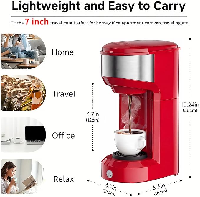 Single Serve Coffee Maker, 2 in 1 Brewer for K Pod & Ground Coffee, 90s Rapid Brew 6 to 14oz Capacities with Auto Shut Off, Small Compact Design for Home Office Travel Camping (Red)