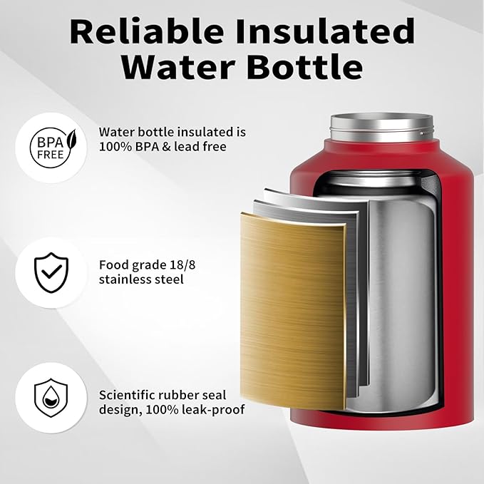 WATERSY 1 Gallon Water Bottle Insulated(Cold for 48 Hrs),BPA Free&Leak Proof,128oz Stainless Steel Water Jug,Big thermo,Large Water Bottle with Handle for Gym,Hiking,Camping&Travel,Red