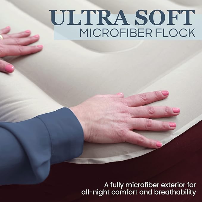 Englander First Ever Microfiber Air Mattress, Microfiber Airbed with Built in Pump Queen Brown/Cream Top