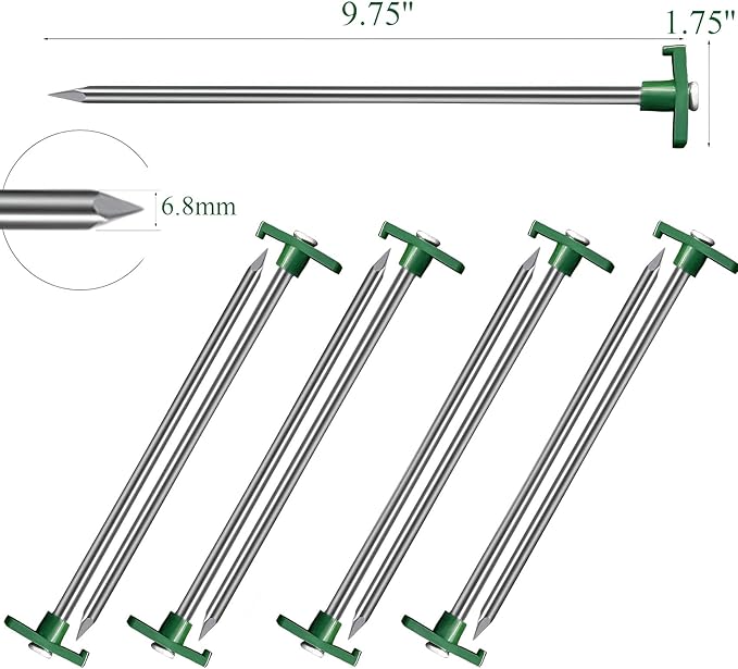 Cheardia 10 Pack Tent Stakes Heavy Duty, 9.75 Inch Yard Stakes Non-Rust Metal Tent Pegs Ground Stakes Tent Spikes for Camping Patio, Garden, Canopies, Grassland, Outdoor, Green