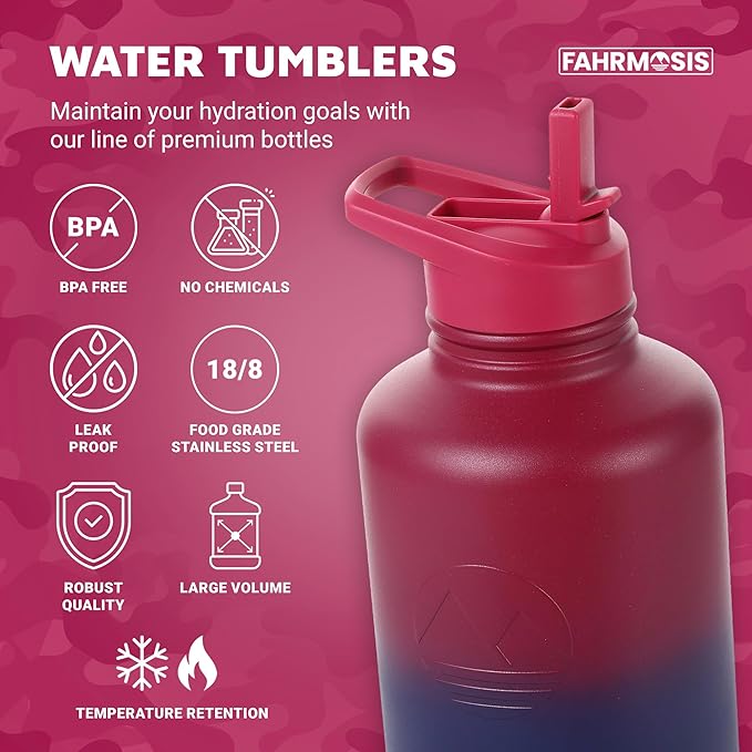 64 Oz Insulated Water Bottle with Strap Stainless Steel Sports Water Bottle with 3 Lids (Straw, Chug and Flip Lid) Leak Proof Metal Half Gallon Jug for Men & Women - Red Fusion