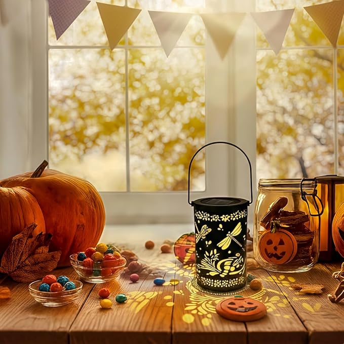 2 Pack Dragonfly Hanging Solar Lanterns Outdoor Waterproof,Black Metal Hollowed-Out Decorative Lanterns Solar Lights for Outside Yard Porch Tabletop Stairs Garden Decor