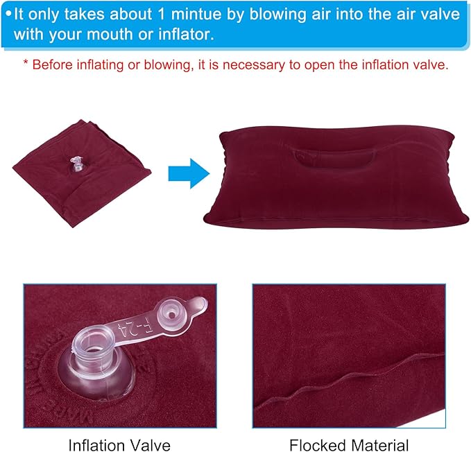 PATIKIL Inflatable Pillow, 2 Pack Squared Ultralight Camping Travel Pillow Desk Rest Neck Support for Hiking Backpacking Office, Wine Red