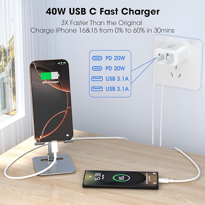 USB C Charger Block, 2 Pack 40W 4-Port iPhone Charger Fast Charging Multiport PD 3.0 & QC 4.0 Double Quick Charge, Compatible with iPhone 17/16/15/14/13/12/11，Pro Max，iPad, Samsung (2, Ivory White)
