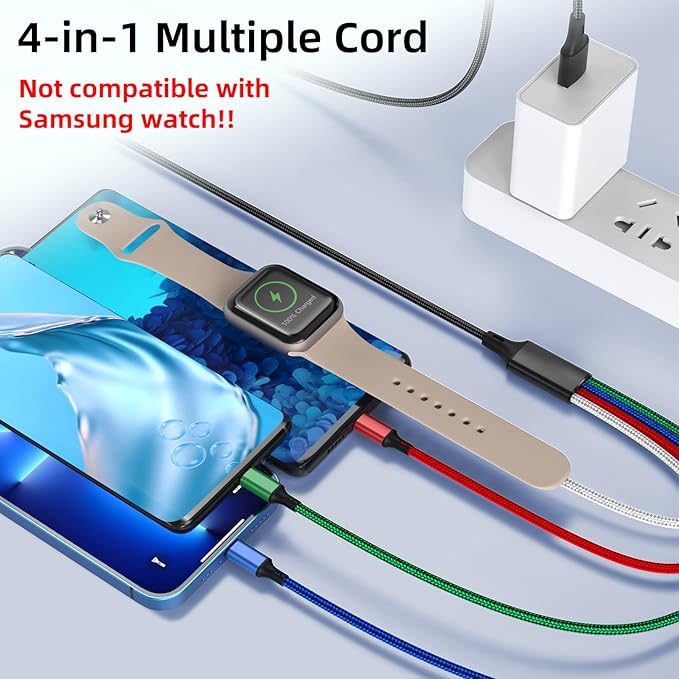 2Pack 4 in 1 iWatch & iPhone Charger for Travel, Multi Charging Cable for Apple Watch Charger Wireless USB C Micro Compatible with iWatch Ultra/SE/10/9/8/7/6/5/4/3/iPhone 16/15/14 Galaxy Android(4FT)