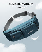 WATERFLY Small Crossbody Fanny Pack: 5 Pocket Slim Lightweight Waist Belt Hip Bag for Women Men Water Resistant Chest Pouch for Travel Hiking Running Walking Fit All Phones - Peacock Blue