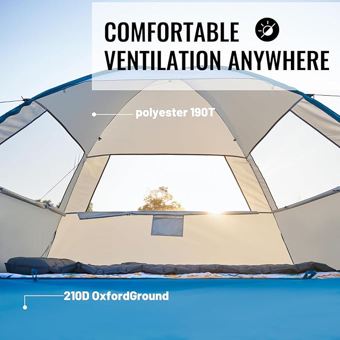 Pop Up Beach Tent for 4 Person with UPF 50+ Protection，Automatic Easy Setup Waterproof Beach Shade，Lightweight and Portable Beach Tent Sun Shelter - Light Blue