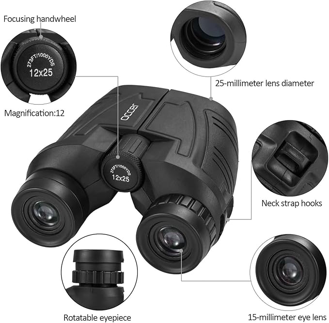 Occer 12x25 Compact Binoculars for Adults and Kids, Large Eyepiece Waterproof Binocular with Low Light Vision,High Powered Easy Focus Binoculars for Bird Watching,Outdoor Hunting,Travel,Sightseeing