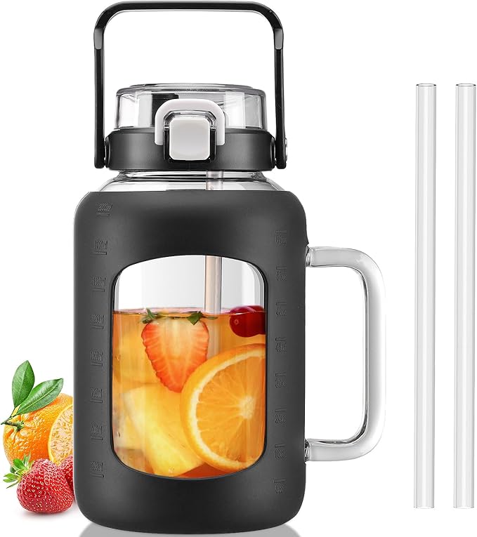 BLUEGO Water Bottle 64 oz Tumbler with Lid and Straw, Glass Water Bottle with Straw, Water Tumbler with Handle Half Gallon Water Jug Large Waterbottle for Daily Water Intake, BPA Free, Black