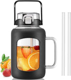 BLUEGO Water Bottle 64 oz Tumbler with Lid and Straw, Glass Water Bottle with Straw, Water Tumbler with Handle Half Gallon Water Jug Large Waterbottle for Daily Water Intake, BPA Free, Black