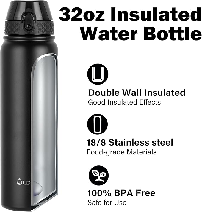 Oldley Insulated Water Bottle 32oz Water Bottles with Straw, Stainless Steel Water Bottle with 3 Lids, Double Wall Vacuum Bottles for Adult,Sports Bottles for School Travel, Black