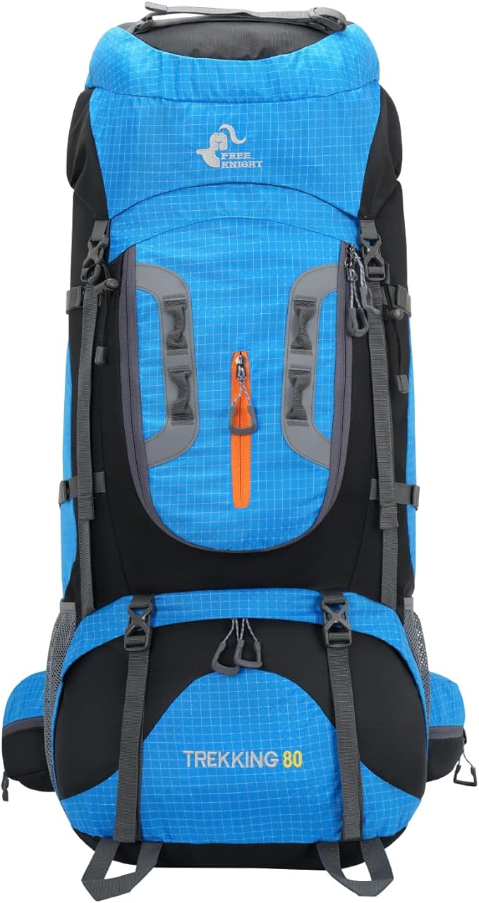 Bseash 80L Waterproof Hiking Camping Backpack with Rain Cover, Lightweight Outdoor Sport Travel Daypack for Climbing Touring (Blue)