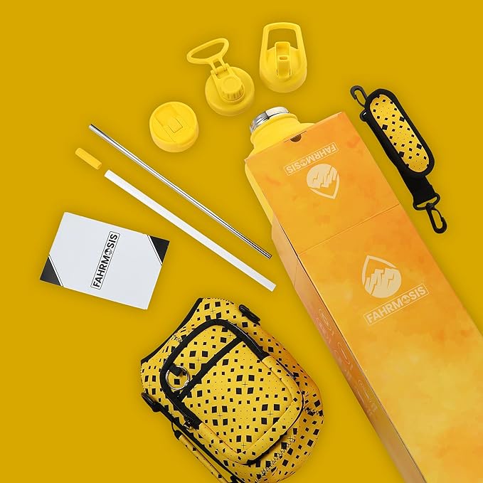 64 Oz Insulated Water Bottle with Strap Stainless Steel Sports Water Bottle with 3 Lids (Straw, Chug and Flip Lid) Leak Proof Metal Half Gallon Jug for Men & Women - Yellow