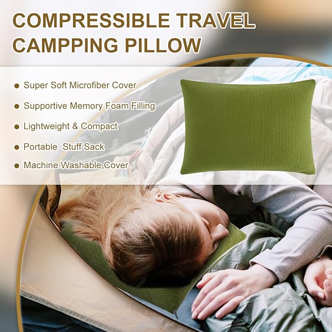 Ivellow Memory Foam Travel Pillow - Compact, Lightweight, Breathable & Hypoallergenic - Adults & Kids - Camping, Hiking, Travel - Avocado Green